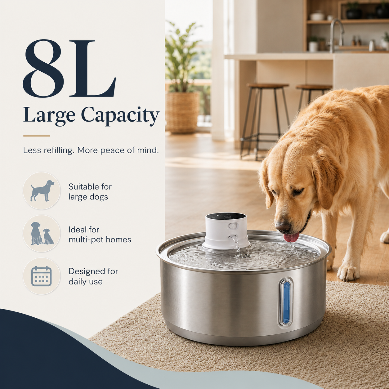 Dog drinking water from a large capacity pet fountain in a home setting.
