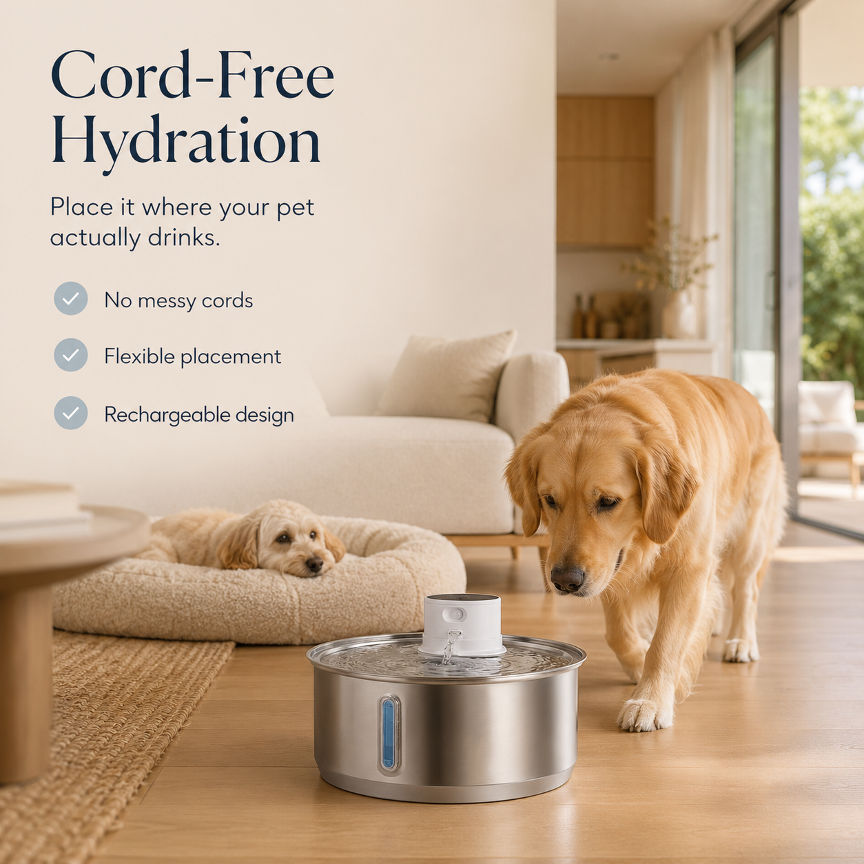 Pet water fountain with dogs in a living room setting, emphasizing cord-free hydration.