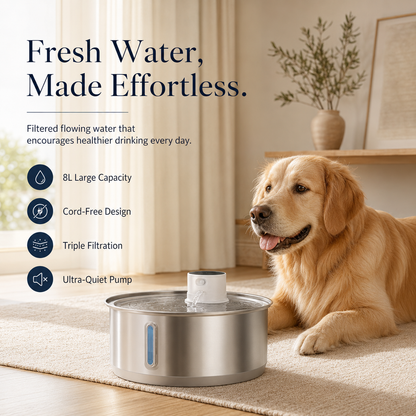 Dog sitting next to a pet water fountain with features listed on a light background