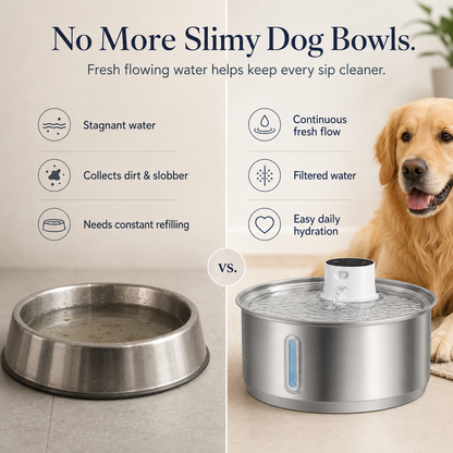 Comparison of a traditional dog bowl with stagnant water and a modern pet water fountain with continuous fresh flow, featuring a dog sitting next to the fountain.