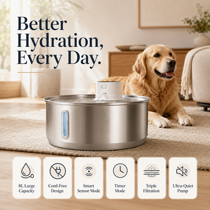 Dog next to a pet water fountain with features listed on a light background