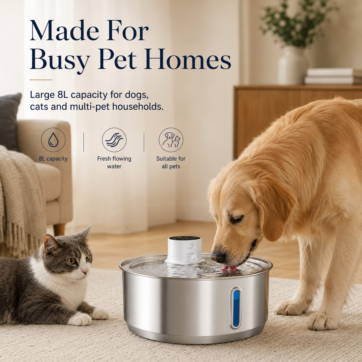 Dog and cat drinking from a pet water fountain in a home setting.