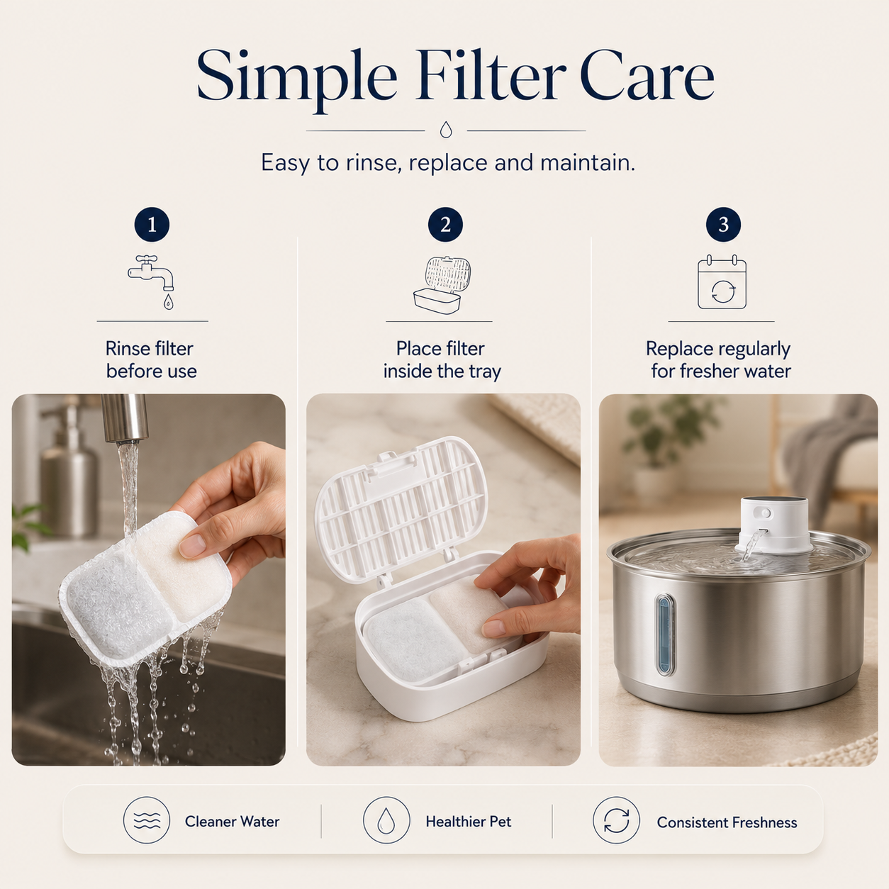 Steps for simple filter care with a pet water fountain on a light background