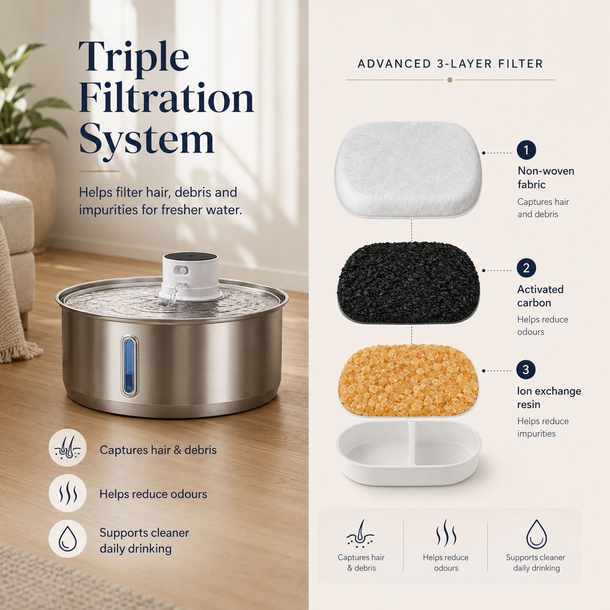 Pet water fountain with triple filtration system and filter components on a neutral background