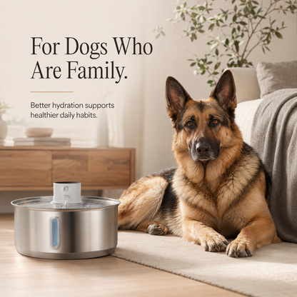 Dog lying on a couch next to a water bowl with text 'For Dogs Who Are Family' in a home setting.