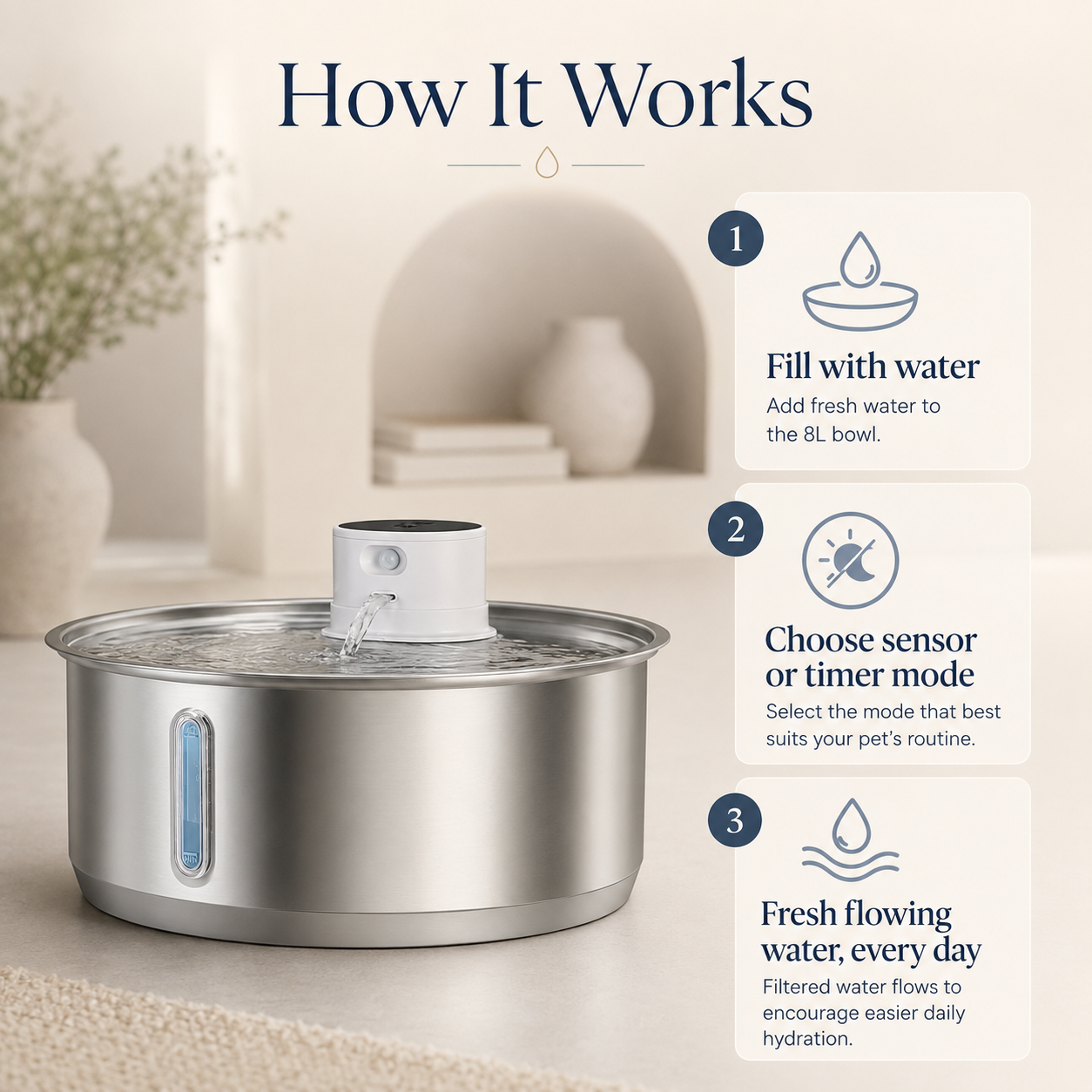 Stainless steel pet water fountain with instructions on how to use it.