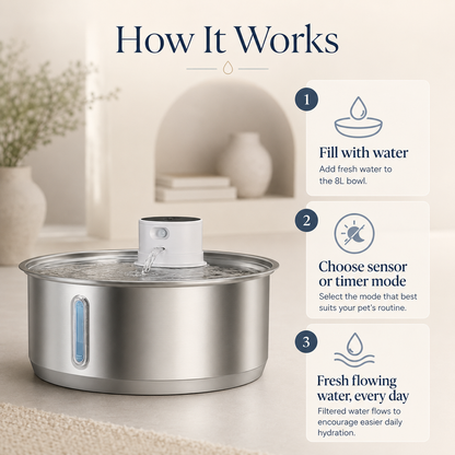 Stainless steel pet water fountain with instructions on how to use it.