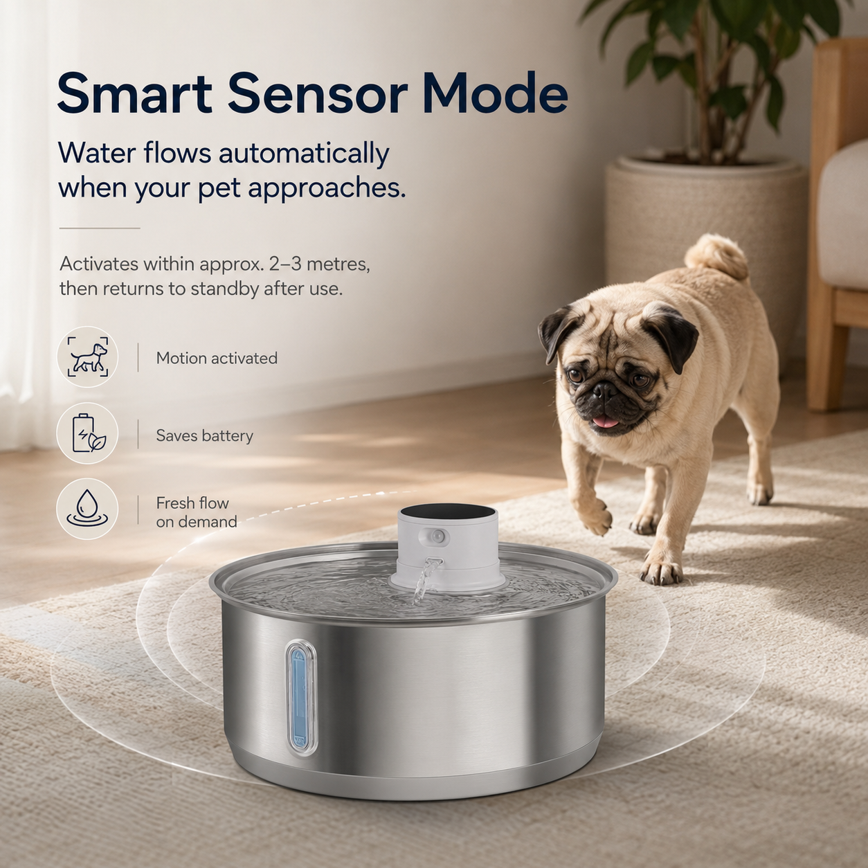 Pet fountain with smart sensor mode activated, showing a dog approaching.