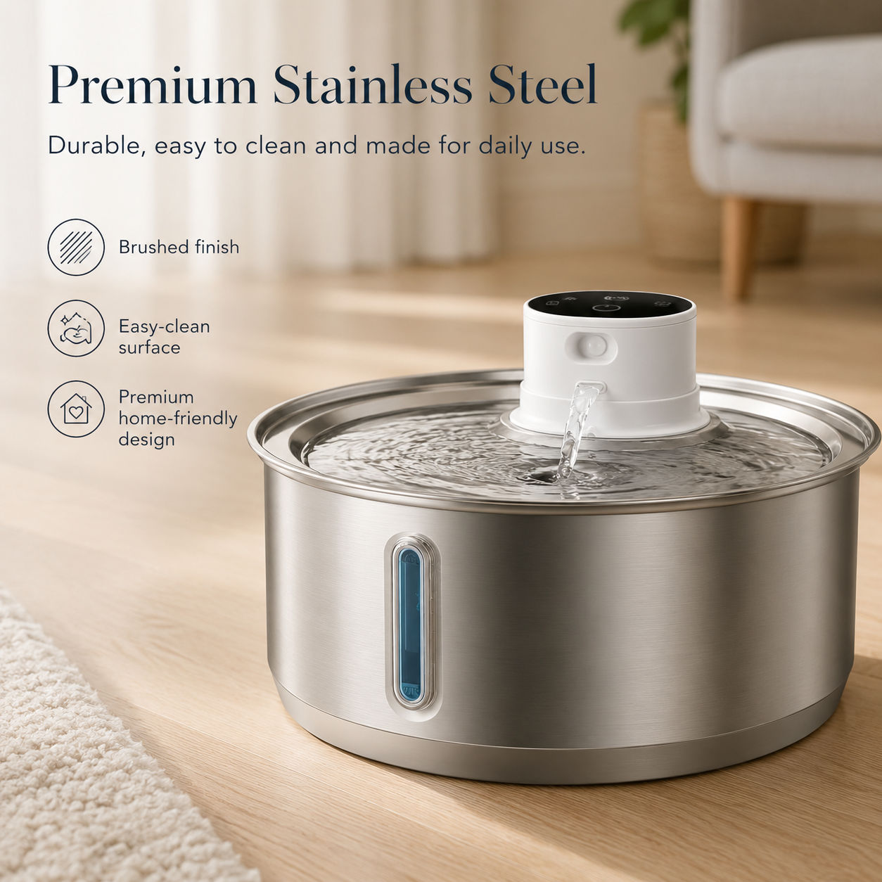 Stainless steel pet water fountain with features listed on a blurred indoor background