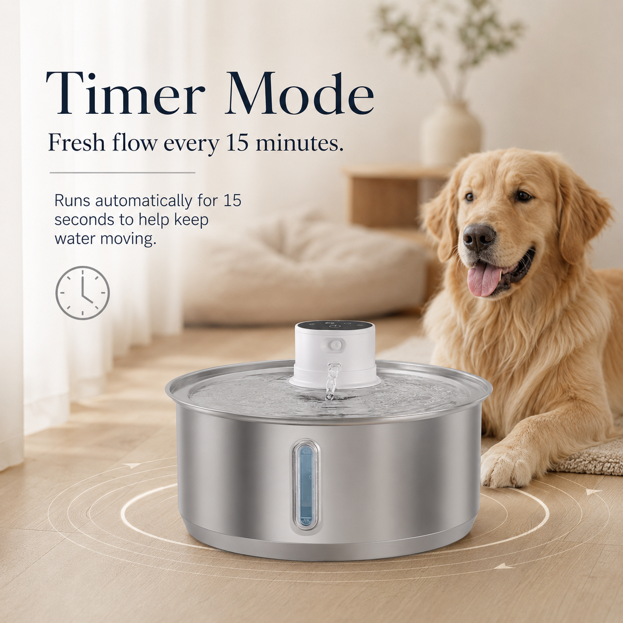 Dog next to a pet water fountain with text about timer mode