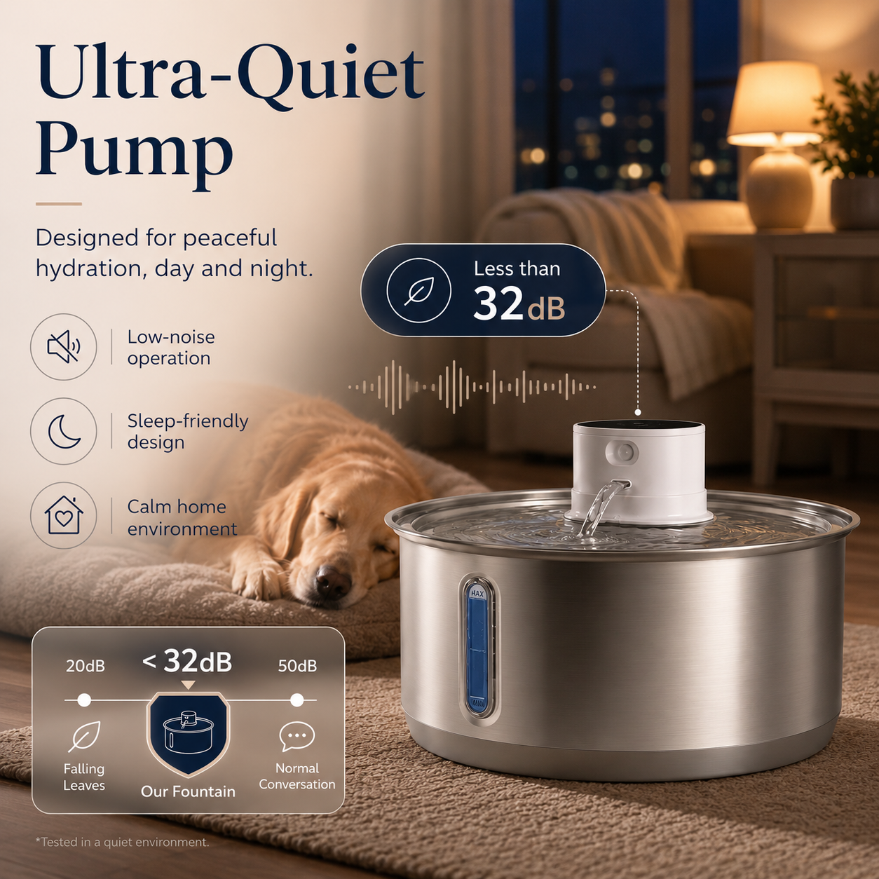 Dog drinking from a pet water fountain with text about ultra-quiet pump design.