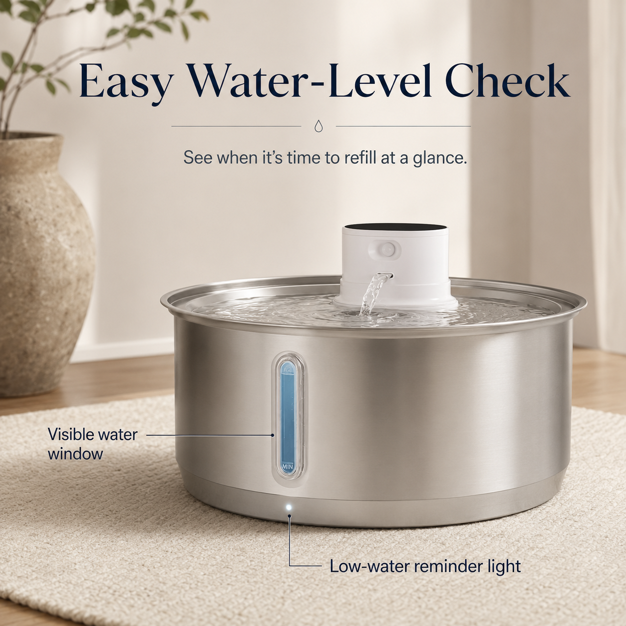 Stainless steel pet water fountain with visible water level indicator on a carpeted floor.